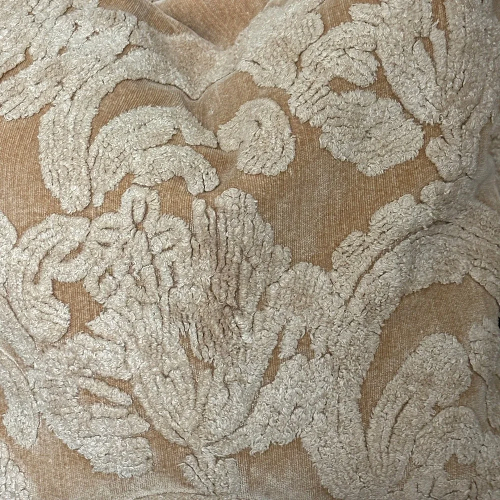 Pottery Barn Natalia Set 2 Chenille Damask 22x22 Pillow Covers Tan Gold Luxury